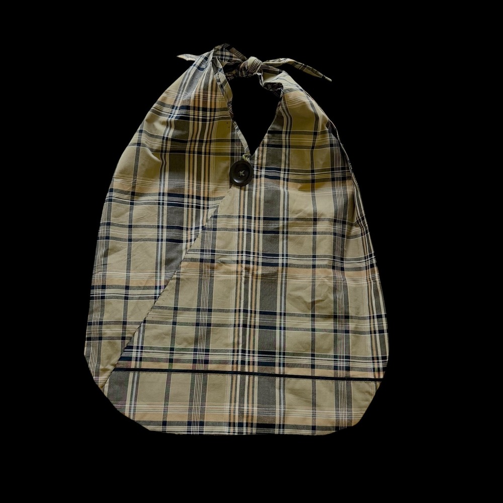 Handmade Plaid Halter Wrap Top Olive Tan Navy Blue Button Tie Neck Boho Small